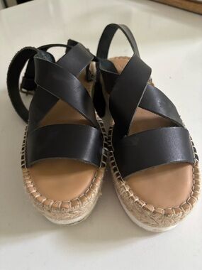 Soludos Black Leather Espadrille Platform Sandals